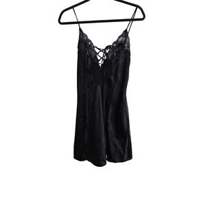 Frederick's Of Hollywood Black Lace-Up Satin Nightwear Lace Detailing & Adjustab
